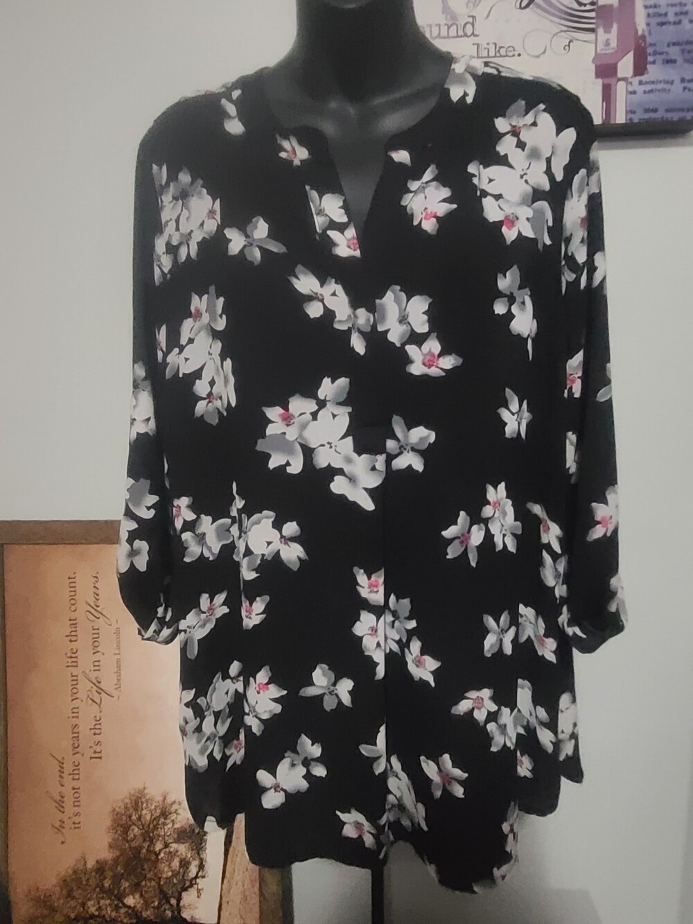 Black Floral Split-Neck Blouse with Pink Centers